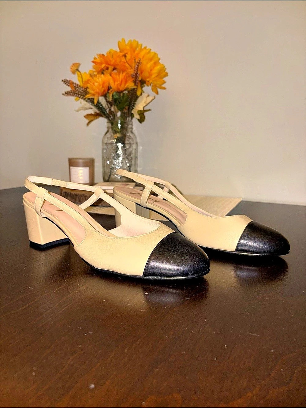 French Sole Baton Camel Black Leather Slingback Heel Camel Black Leather